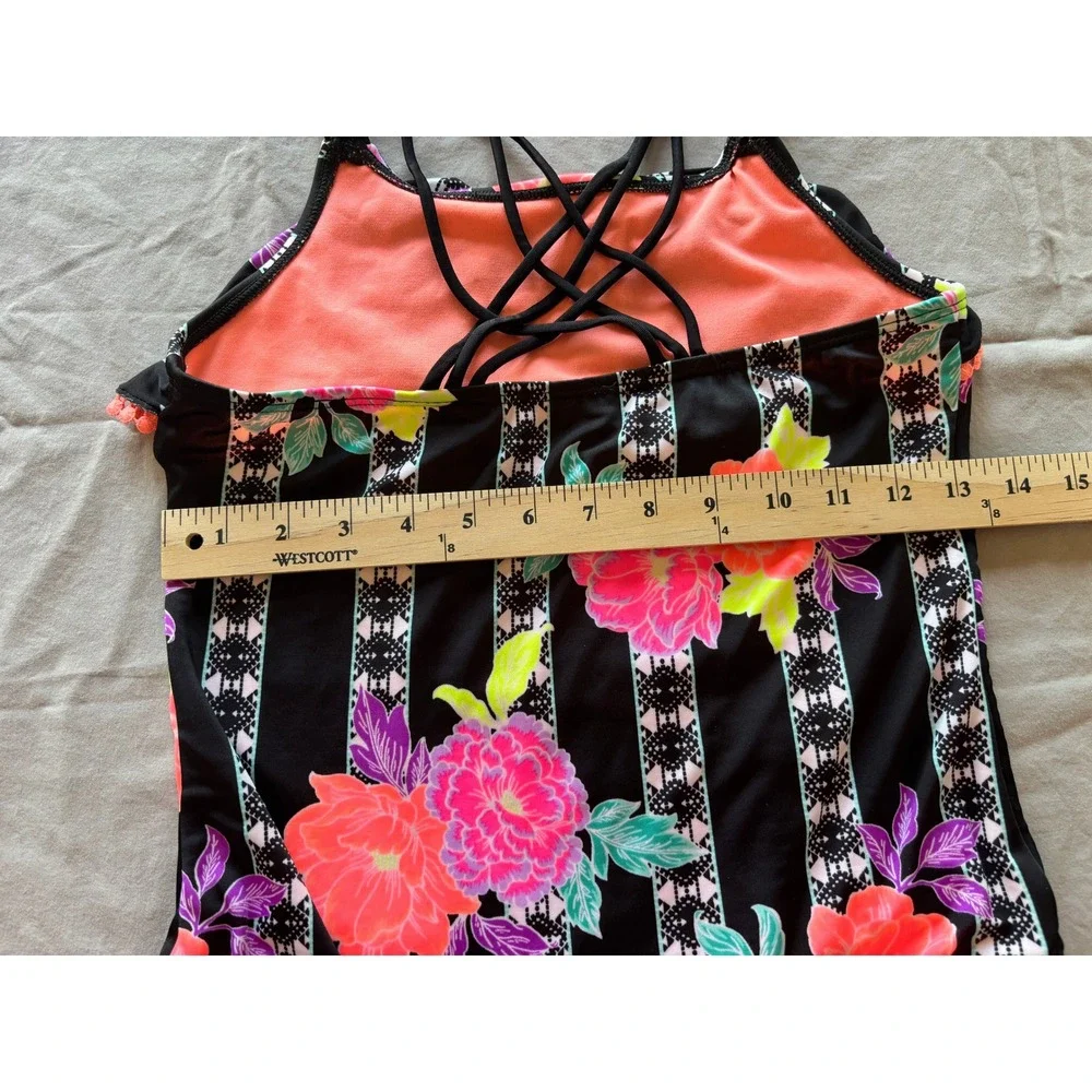 Wonder Nation Girls Floral Stripe One Piece Swimsuit Pom Pom Ruffle Black 10-12